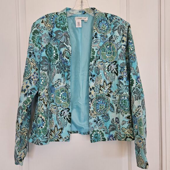 Coldwater Creek Colorful Tapestry Open Front Tropical  Boho Blazer Jacket SZ Med - Picture 1 of 8